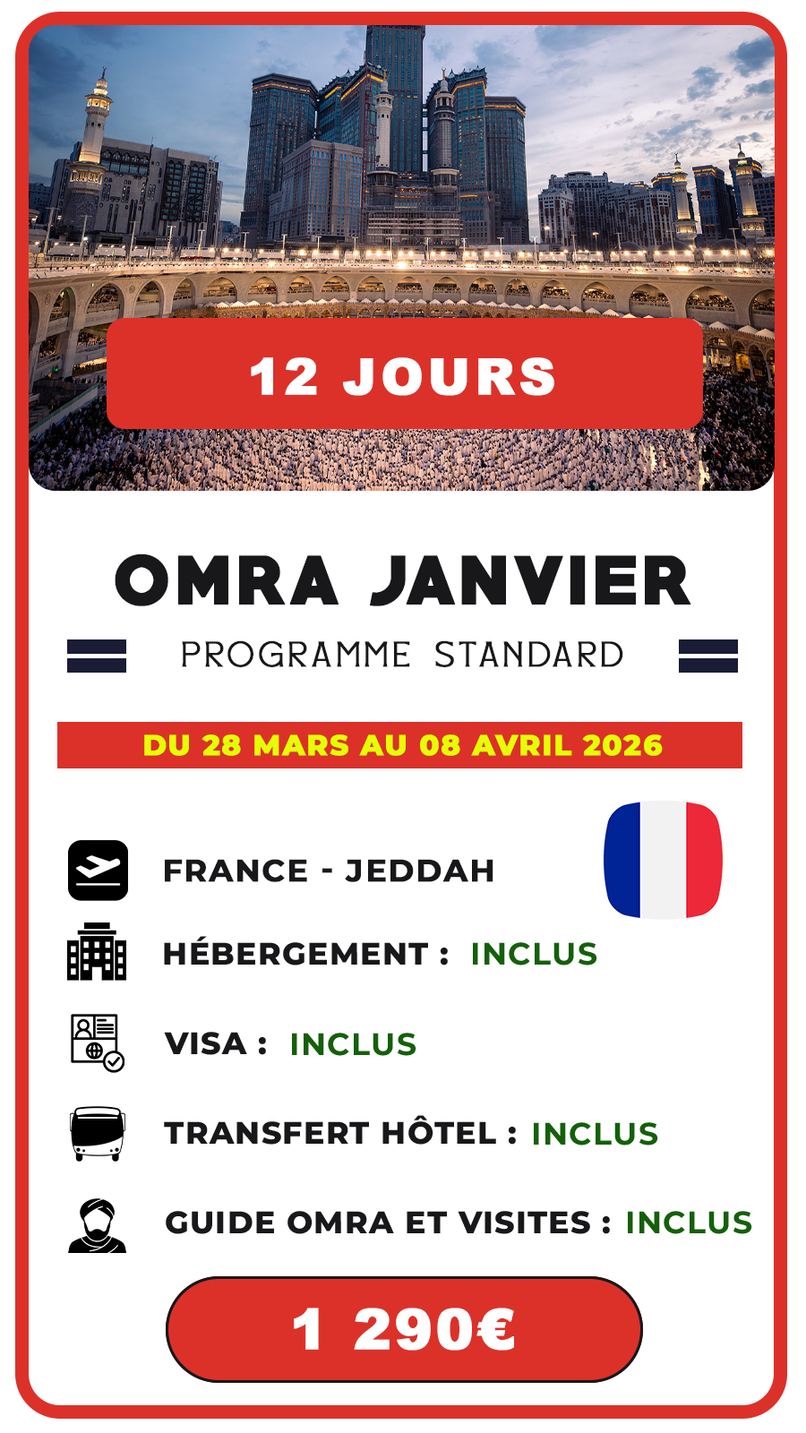 Omra Avril 2026 – Programme 12 jours – Départ de France